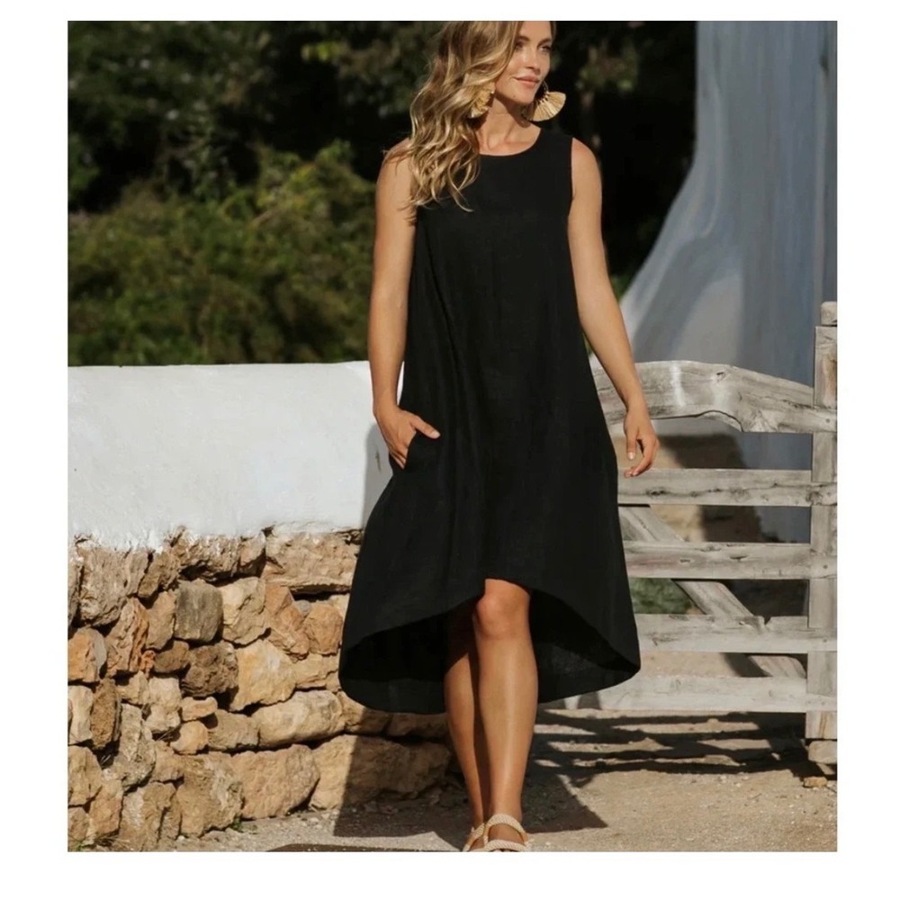 Magic Linen Royal Toscana Black Dress Hi Low Lagenlook Women's Large NWT Coastal